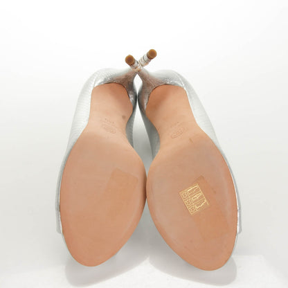 Chanel Patent Snakeskin Pearl Peep Toe Pumps 40.5 Silver 5 of 8