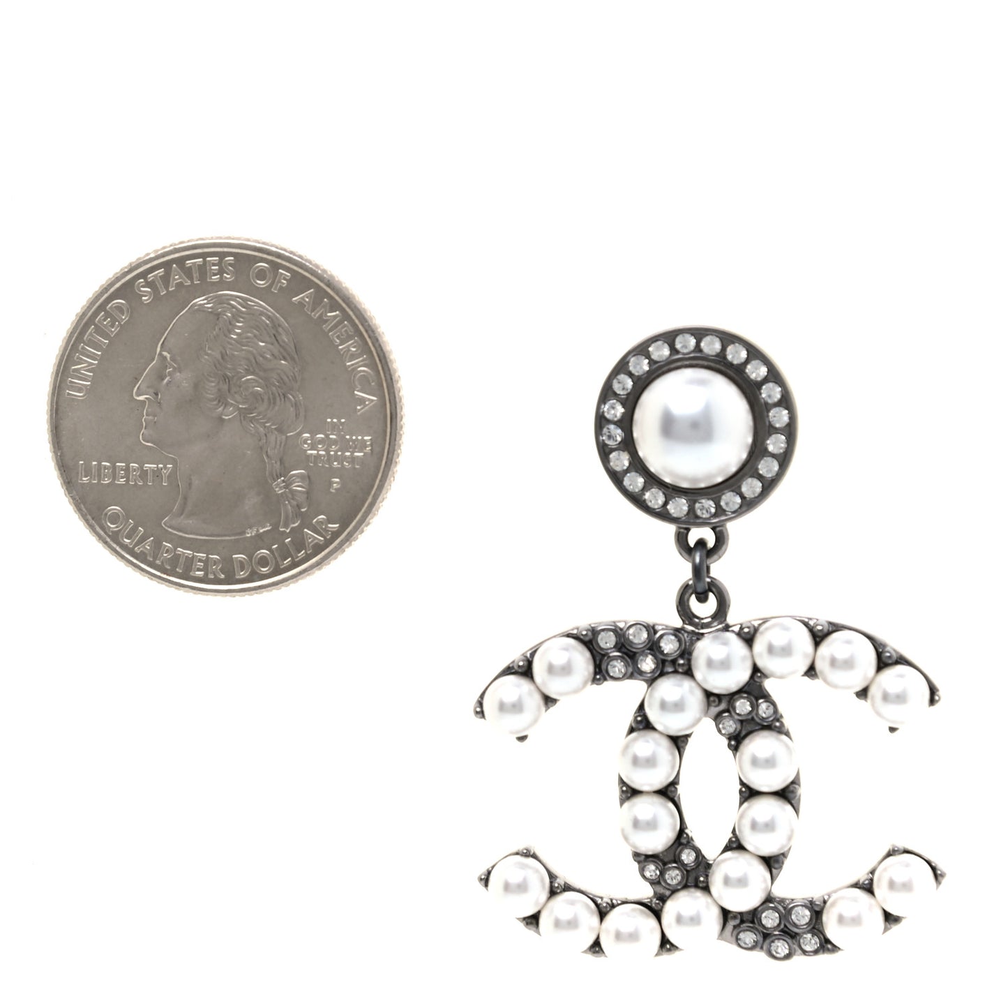 Pearl Crystal CC Drop Earrings Silver