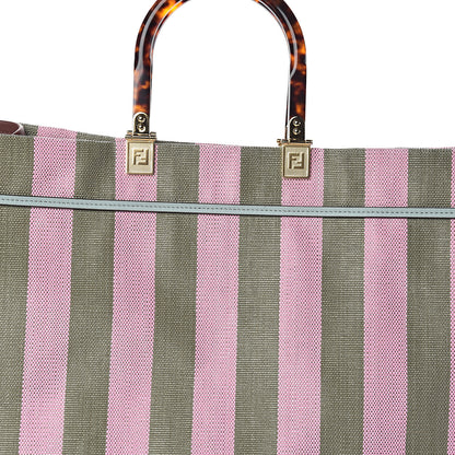Fendi Raffia Vitello Seta Plexiglass Pequin Gingham Woven Large Fendi Sunshine Shopper Tote Military Rosa 6 of 8