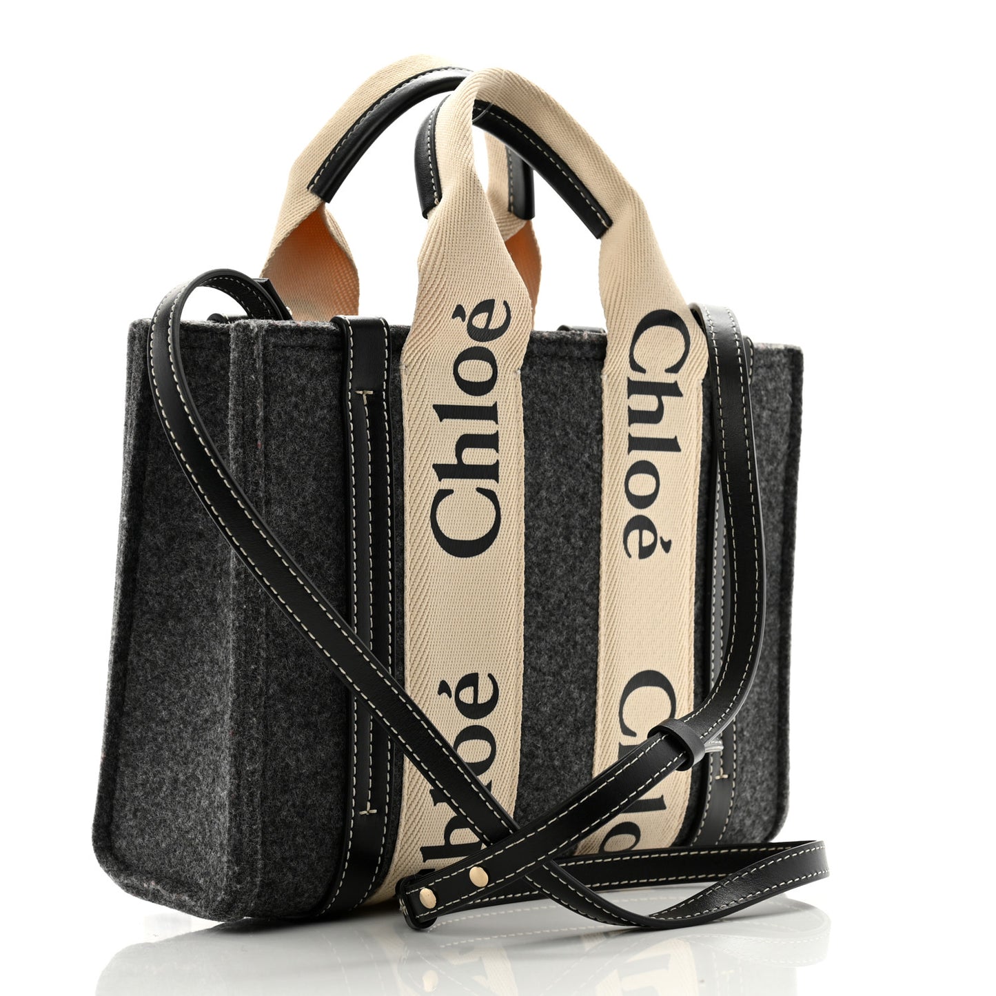 Felt Calfskin Small Woody Ribbon Tote With Strap Cashmere Grey