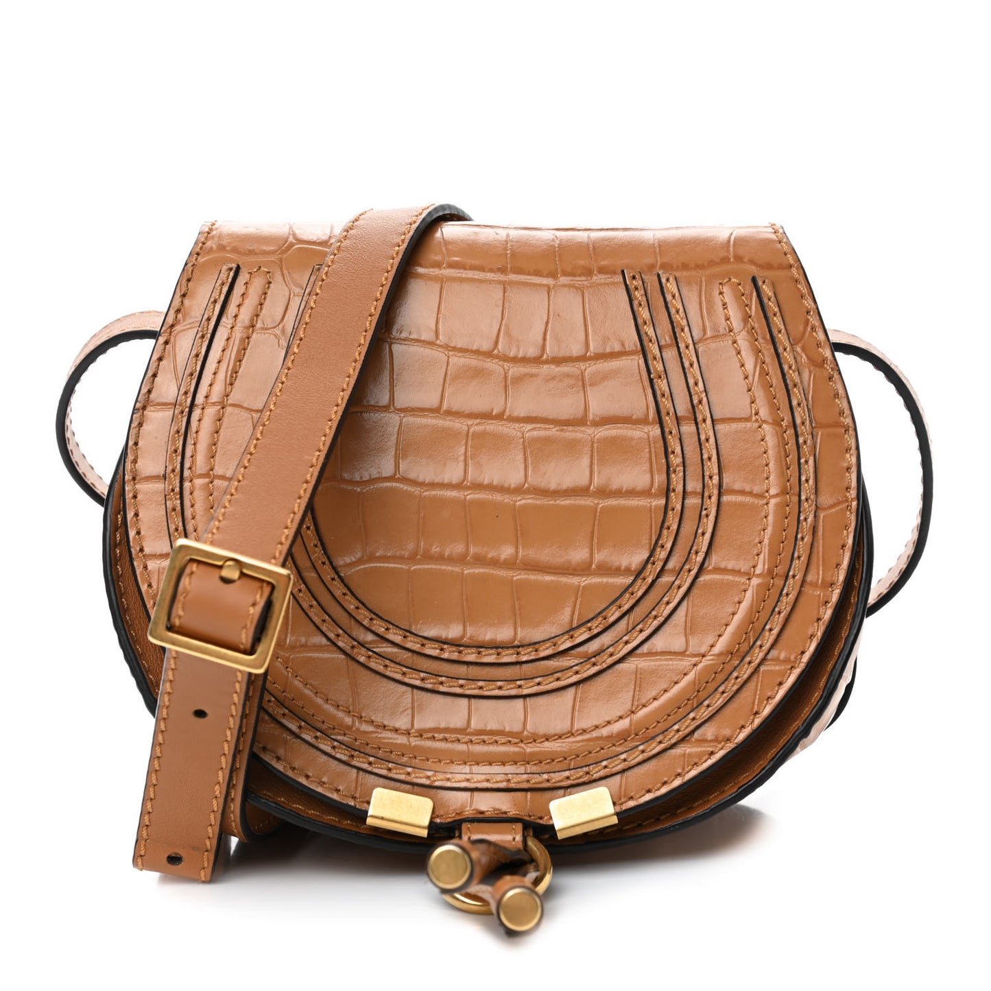Calfskin Crocodile Embossed Mini Marcie Round Crossbody Bag Autumnal Brown