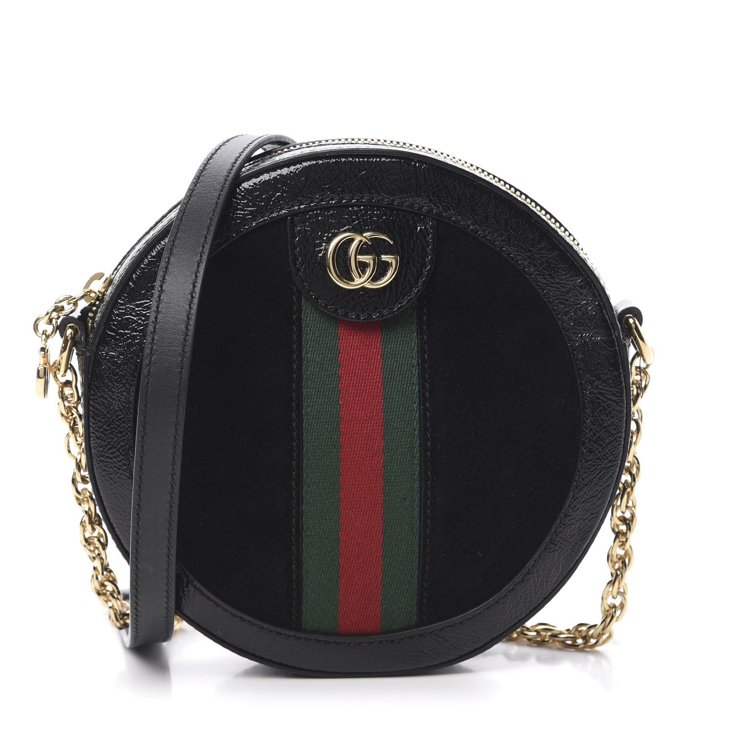 Gucci Suede Patent Web Mini Ophidia Round Shoulder Bag Black 1 of 10