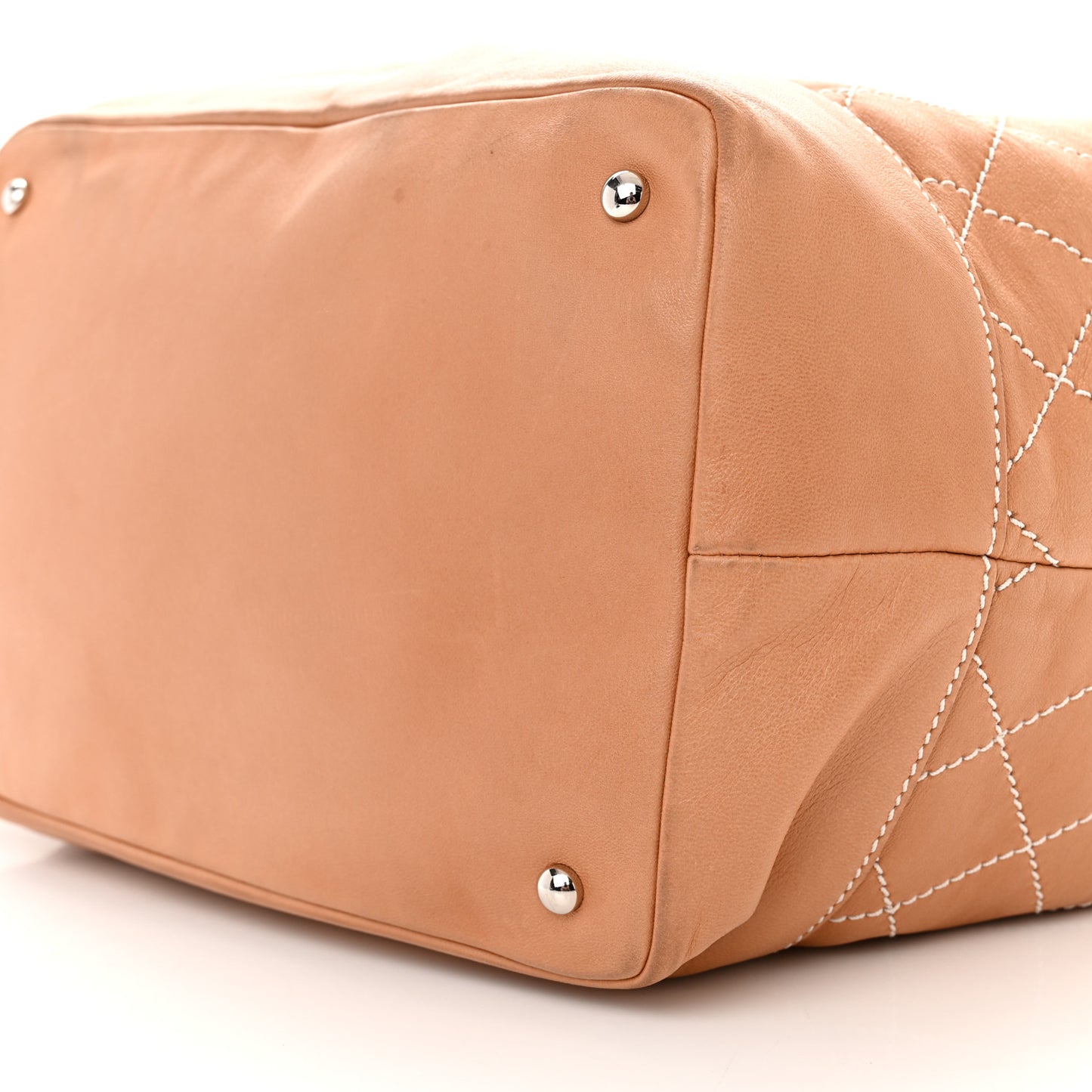 Lambskin Contrast Stitch Large Drawstring Tote Dark Beige