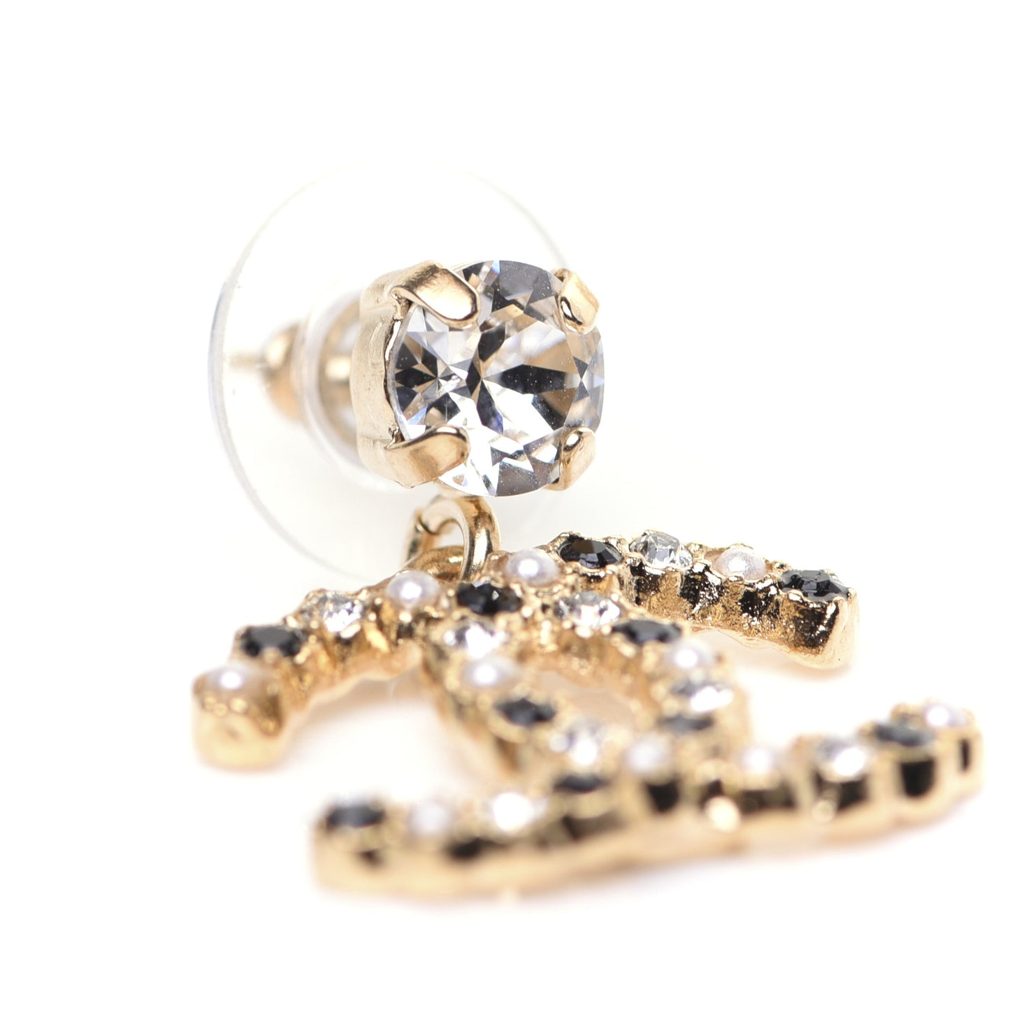 Resin Crystal Pearl CC Drop Earrings Gold Black