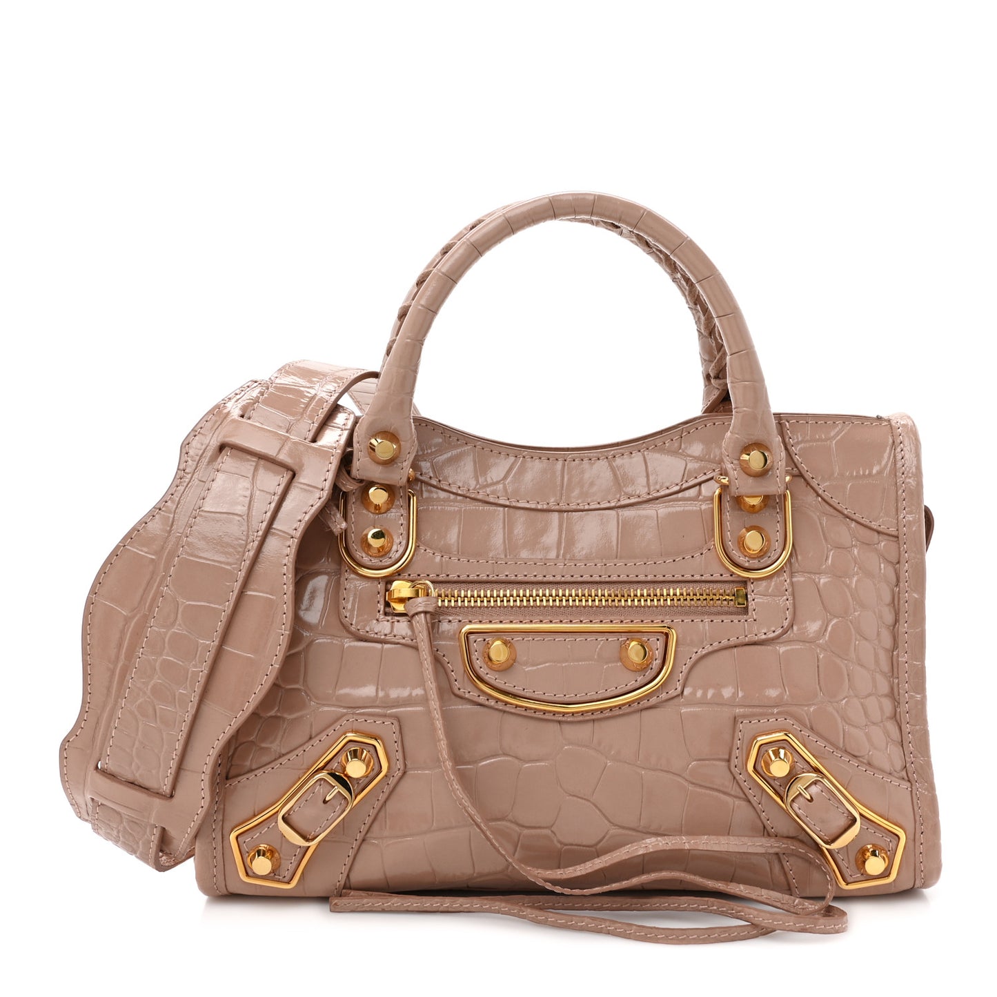 Shiny Supple Calfskin Crocodile Embossed Gold Metallic Edge Hardware Mini City Nude Beige