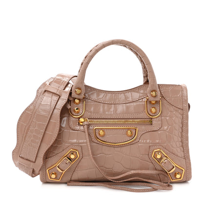 Balenciaga Shiny Supple Calfskin Crocodile Embossed Gold Metallic Edge Hardware Mini City Nude Beige 1 of 15