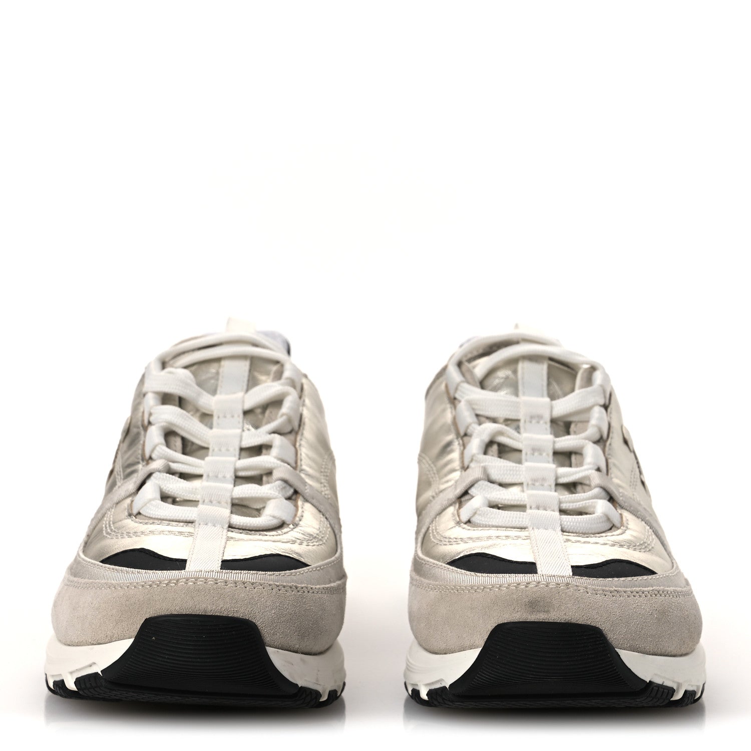 Chanel Suede Metallic Calfskin Womens CC Sneakers 39.5 White Silver 3 of 11