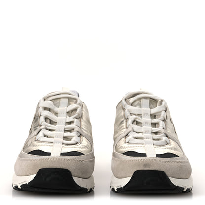 Chanel Suede Metallic Calfskin Womens CC Sneakers 39.5 White Silver 3 of 11