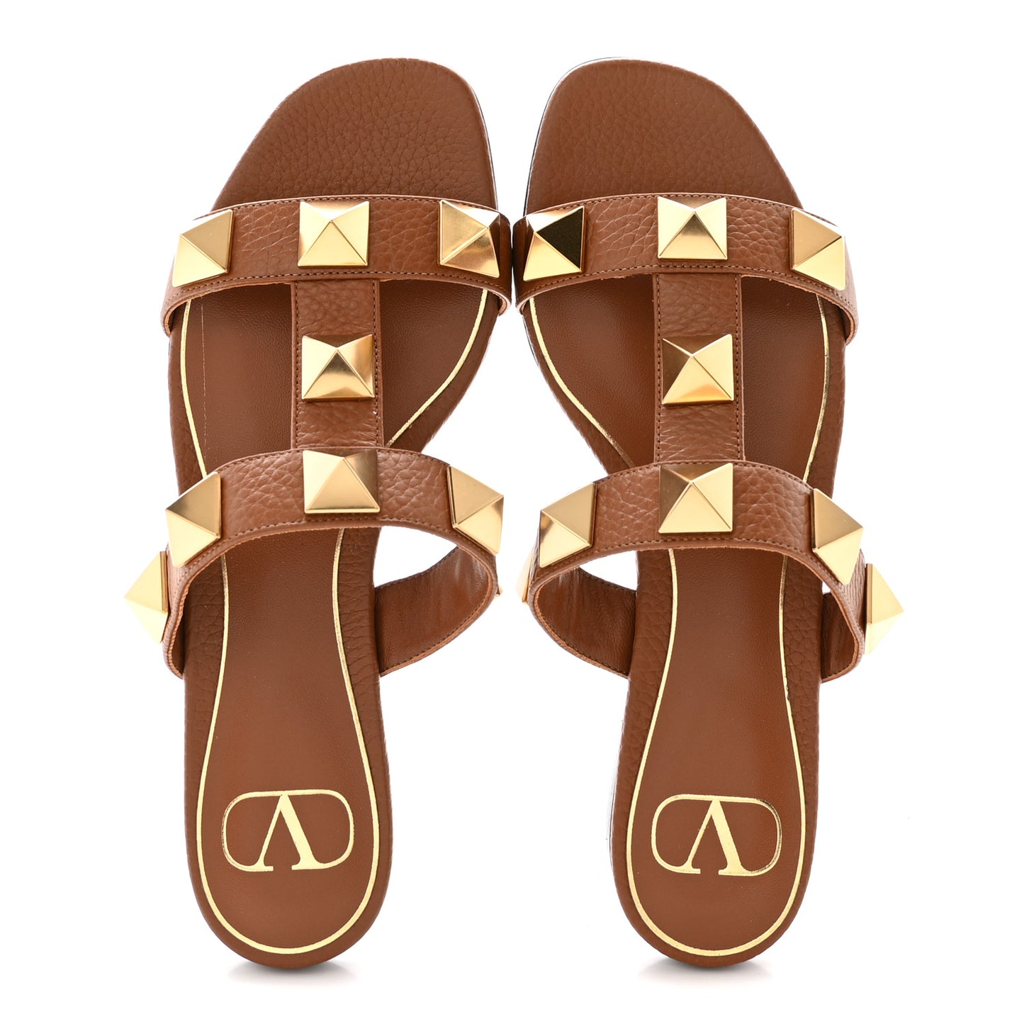 Calfskin Roman Stud Flat Slide Sandals 36 Saddle