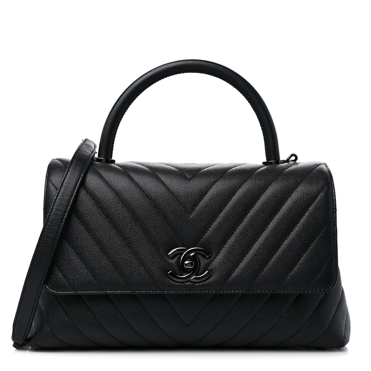 Caviar Chevron Quilted Small Coco Handle Flap So Black