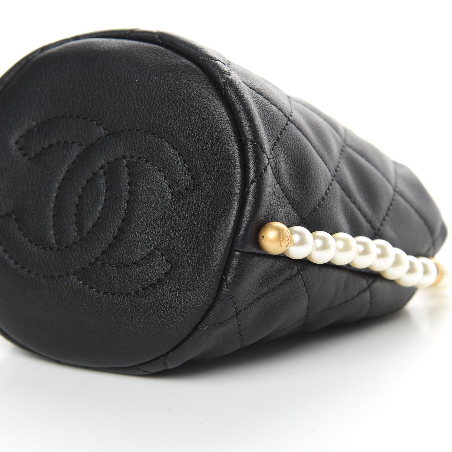 Calfskin Quilted Pearl Mini About Pearls Drawstring Bucket Bag Black