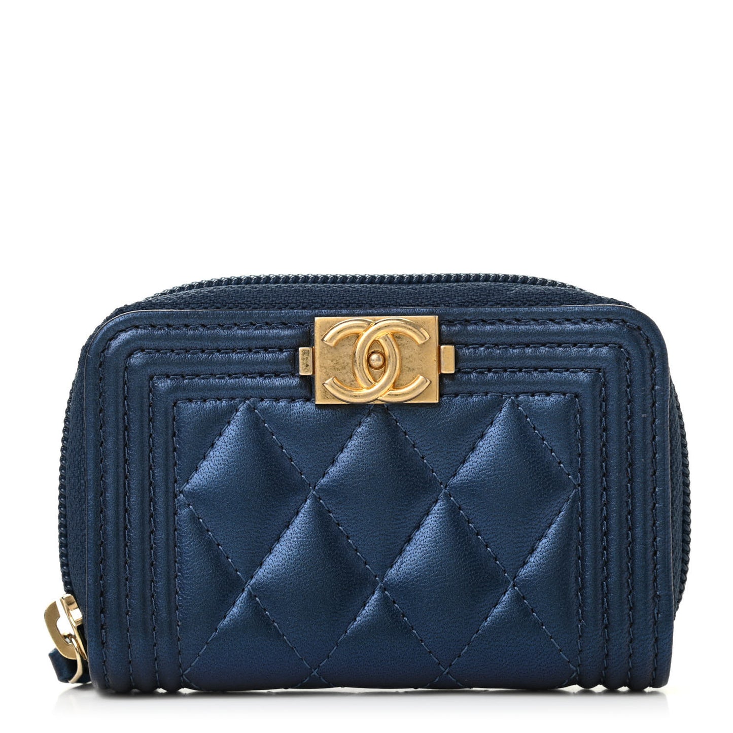 Metallic Lambskin Quilted Boy Zip Around Coin Purse Wallet Navy