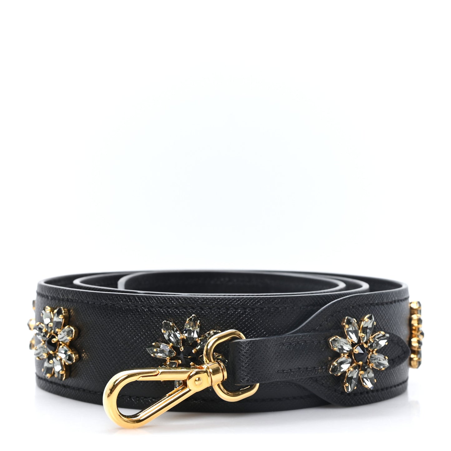 Saffiano Crystal Flower Shoulder Strap Black