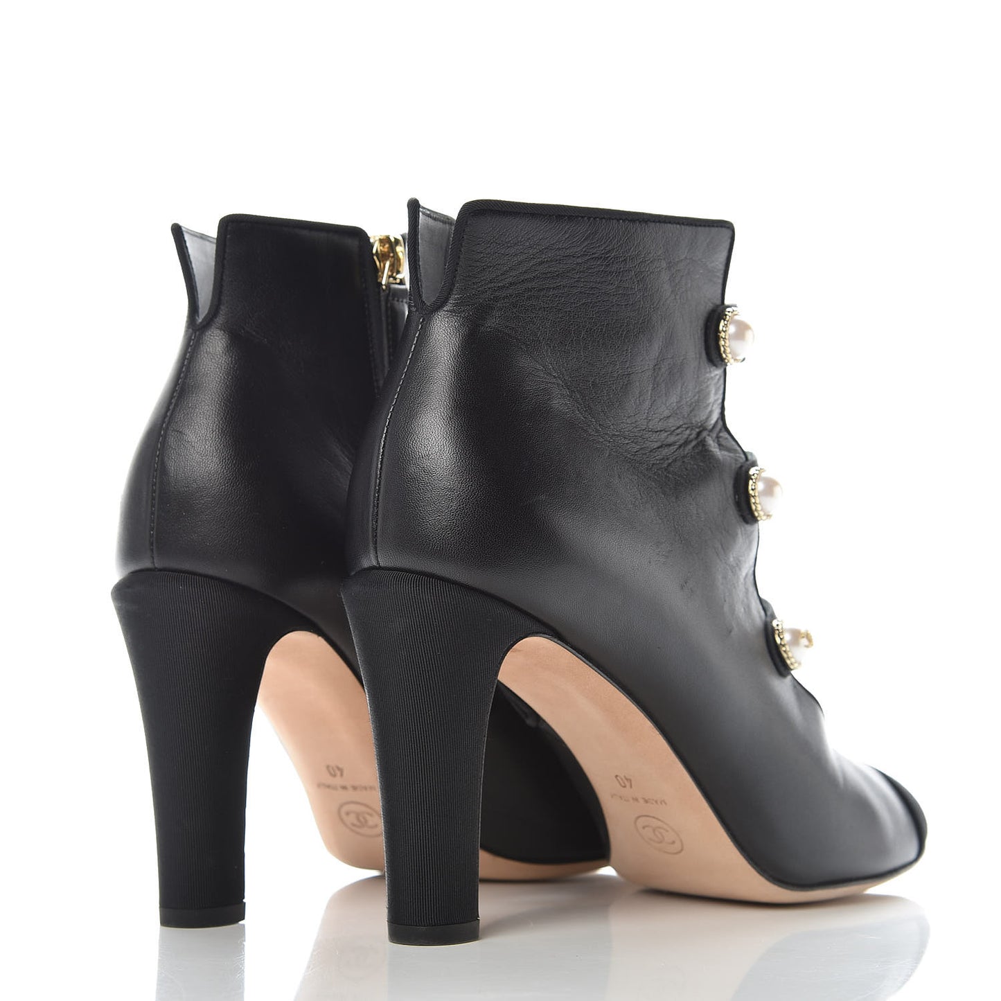 Lambskin Grosgrain Cap Toe Pearl Ankle Boots 40 Black