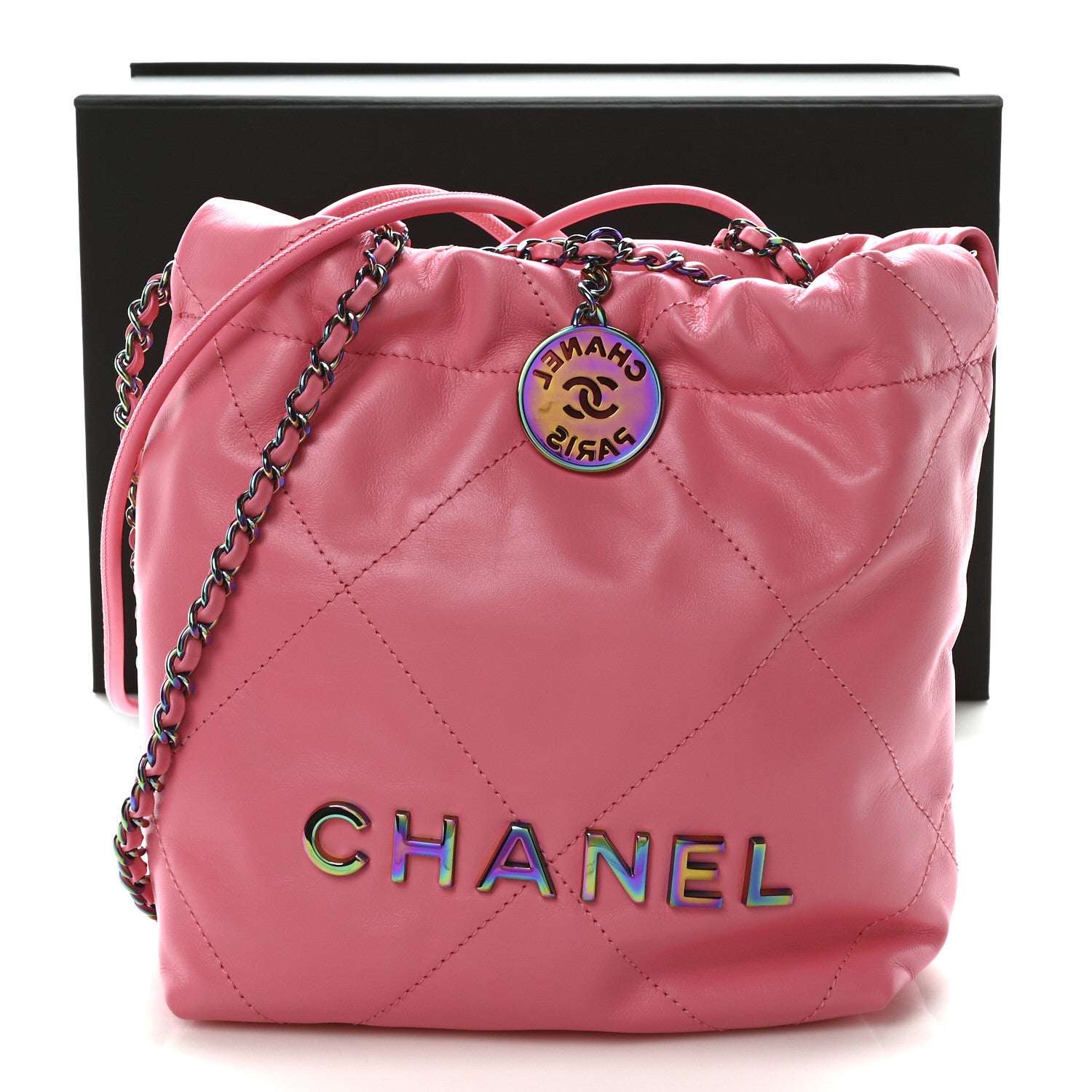 Chanel Shiny Calfskin Quilted Rainbow Metal Mini Chanel 22 Coral