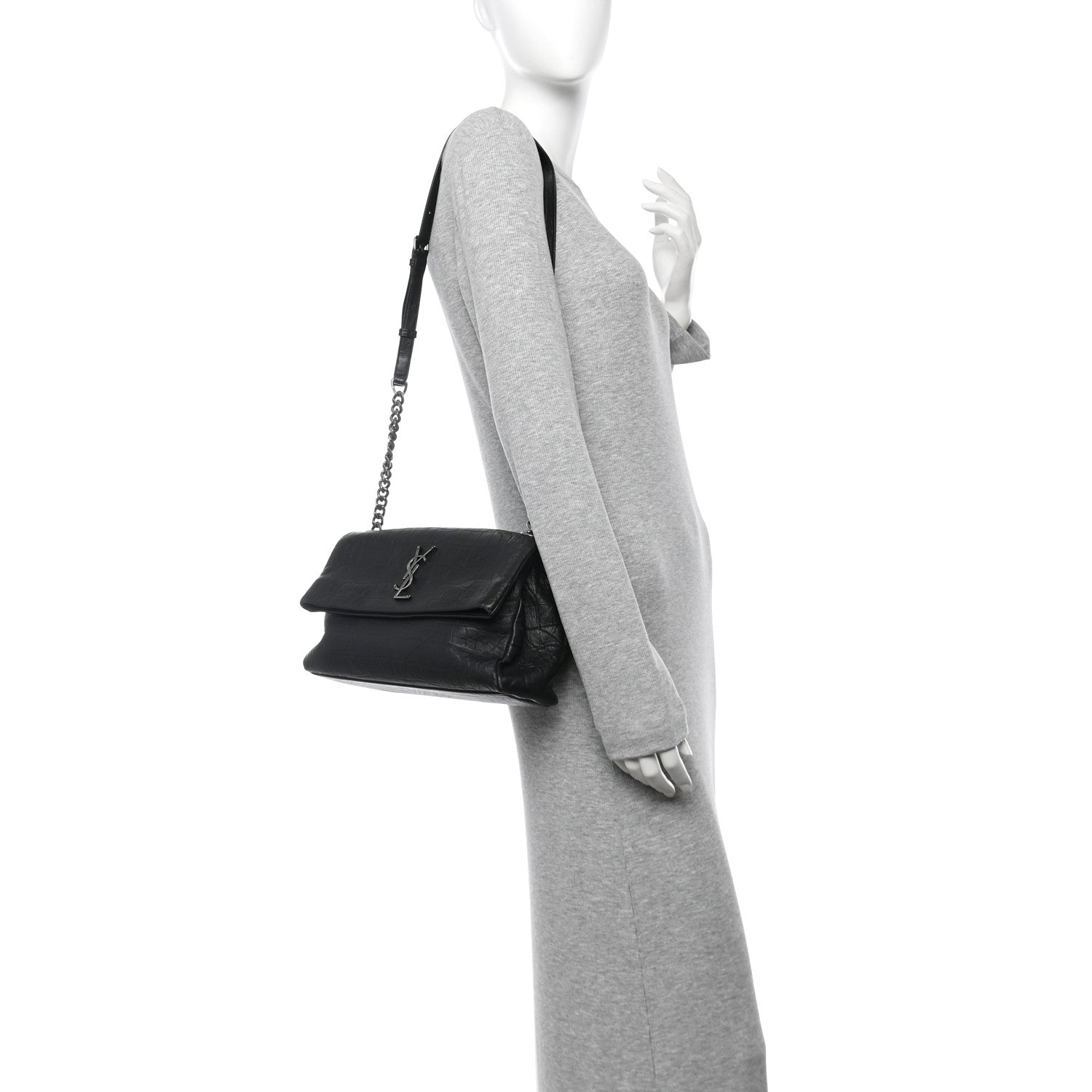 Saint Laurent Calfskin Crocodile Embossed Medium West Hollywood Monogram Fold-Over Black 3 of 11