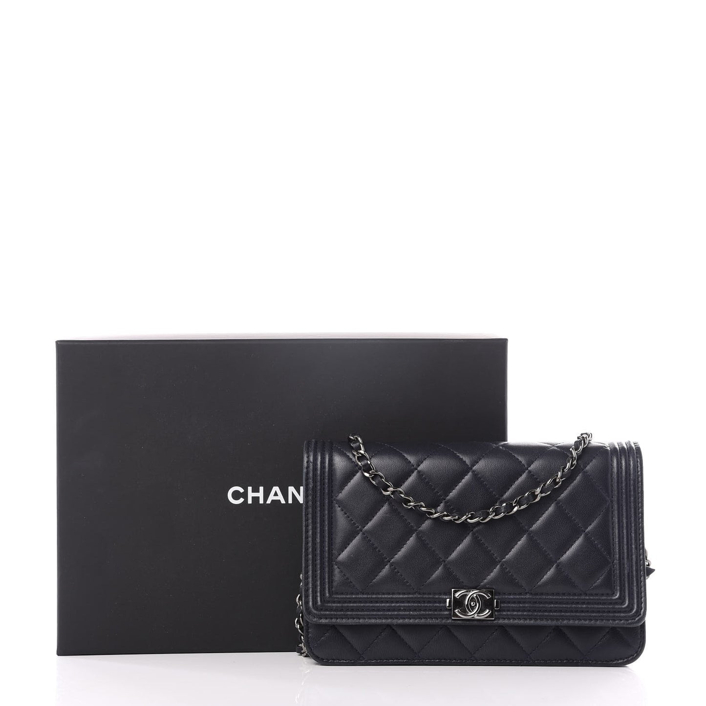 Lambskin Quilted Boy Wallet On Chain WOC Navy Blue
