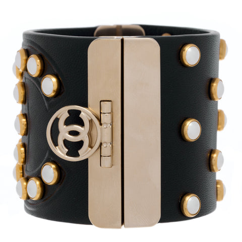 Lambskin Calfskin Pearl CC Cuff Bracelet Black Gold