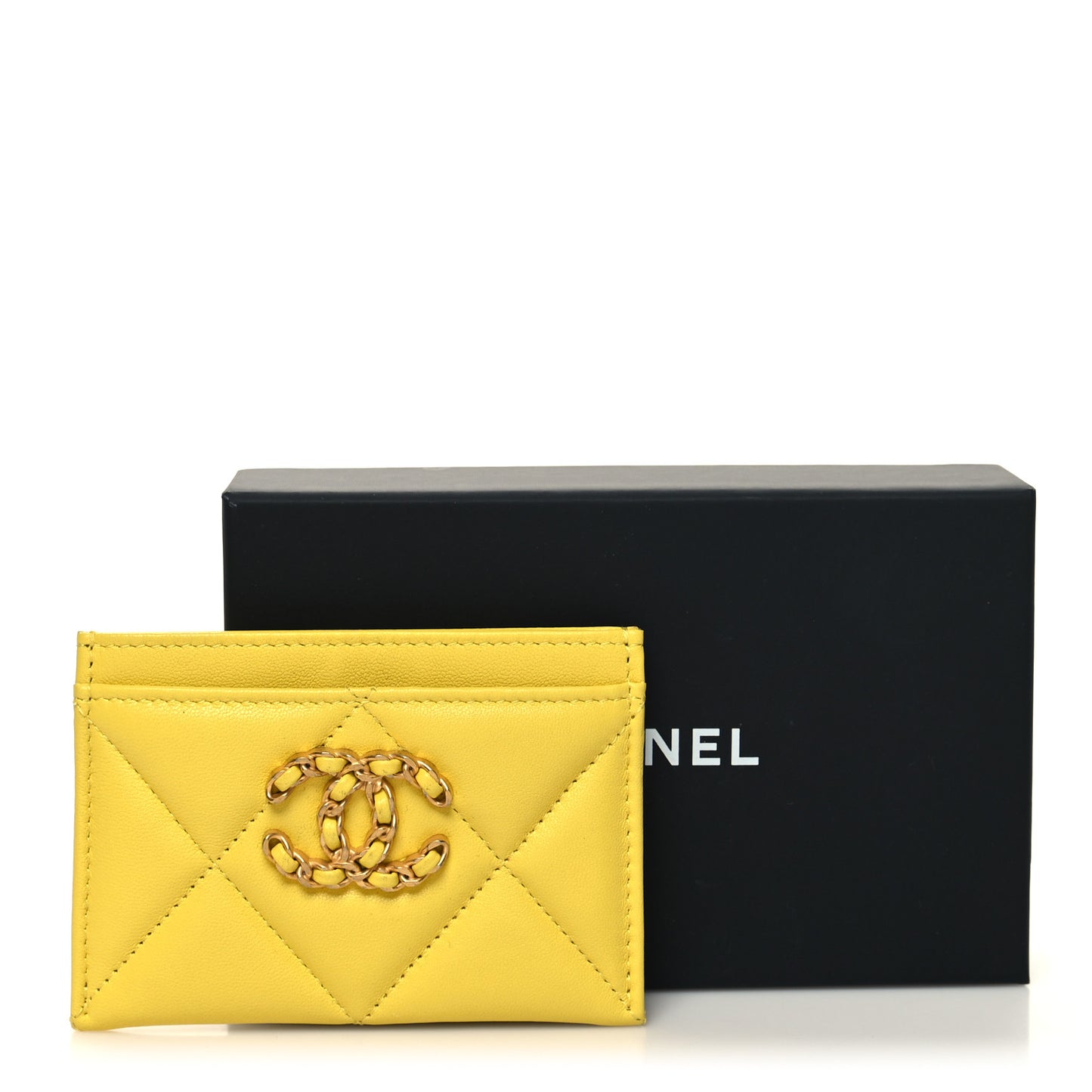 Lambskin Quilted Chanel 19 Card Holder Yellow
