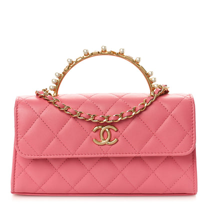 Chanel Lambskin Pearl Enamel Quilted Pearly Girl Handle Flap Phone Holder With Chain Pink 1 of 9