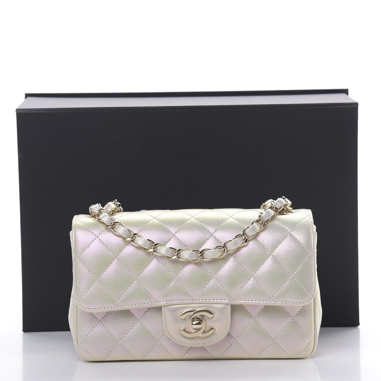 Iridescent Lambskin Quilted Mini Rectangular Flap Ivory
