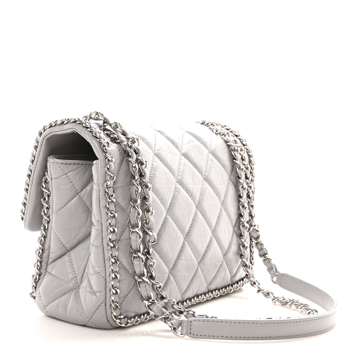 Crumpled Calfskin Medium Chain All Over Flap Grey