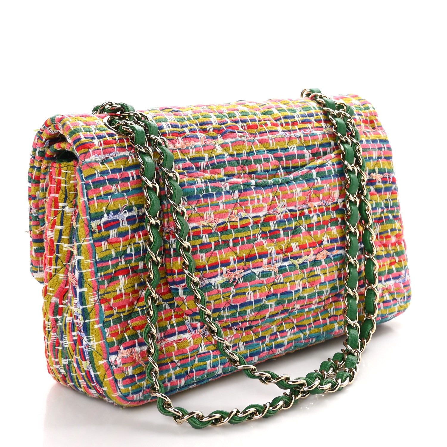 Chanel Tweed Quilted Medium Double Flap Green Multicolor 3 of 10