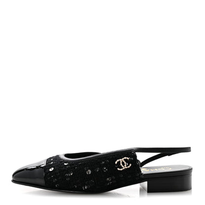Chanel Tweed Patent Calfskin Cap Toe CC Slingback Flats 36 Black 1 of 9