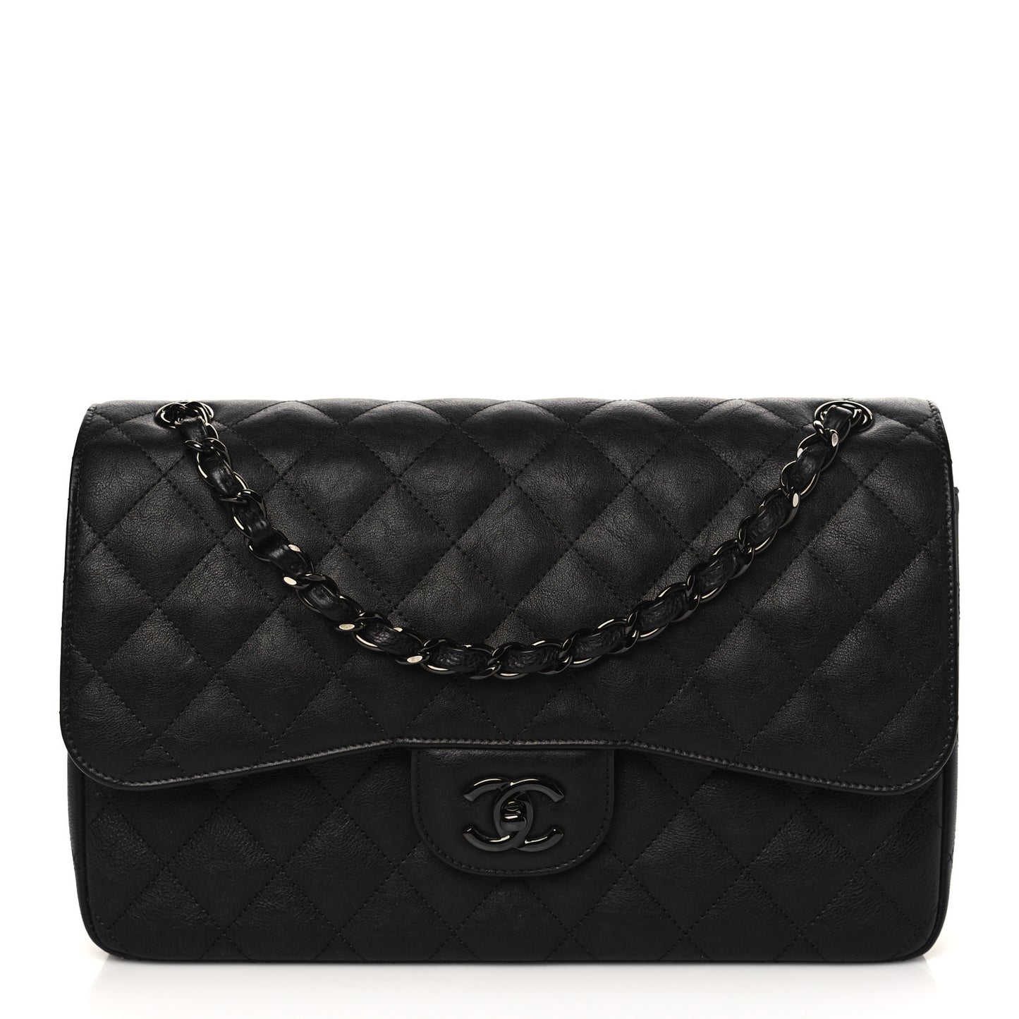 Crumpled Calfskin Quilted Jumbo Double Flap So Black