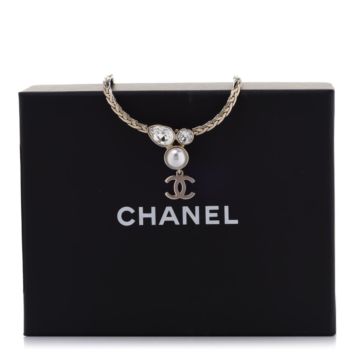 Pearl Crystal CC Teardrop Braided Necklace Gold