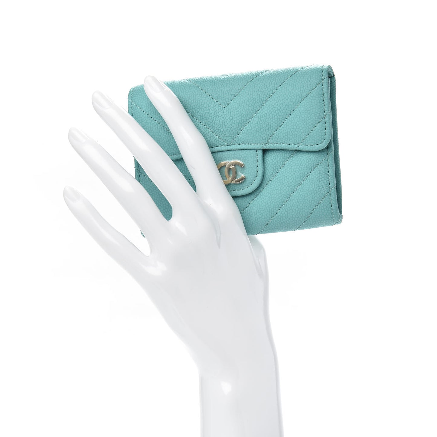 Caviar Flat Chevron Quilted Card Holder Wallet Green
