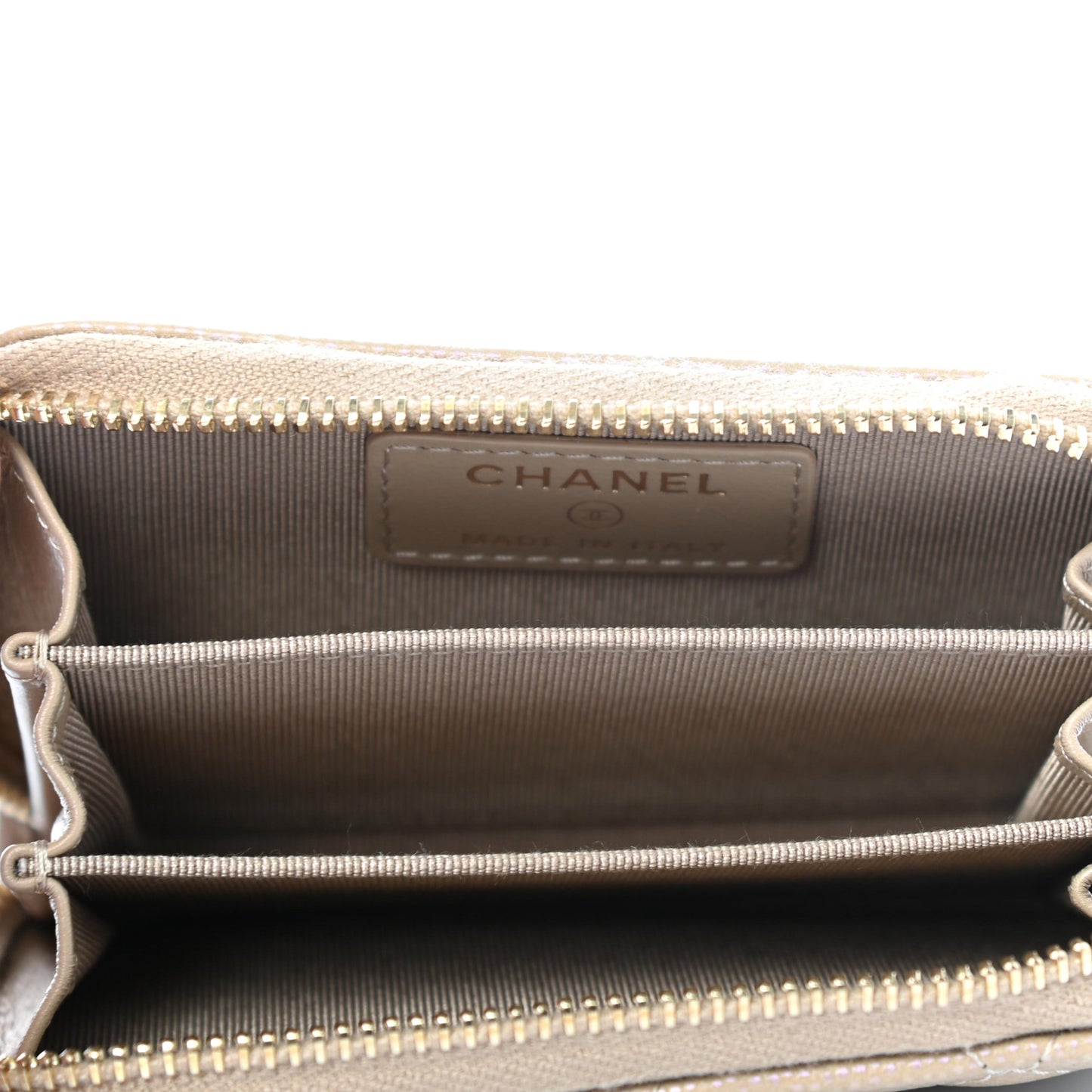 Iridescent Caviar Quilted Zip Around Coin Purse Dark Beige