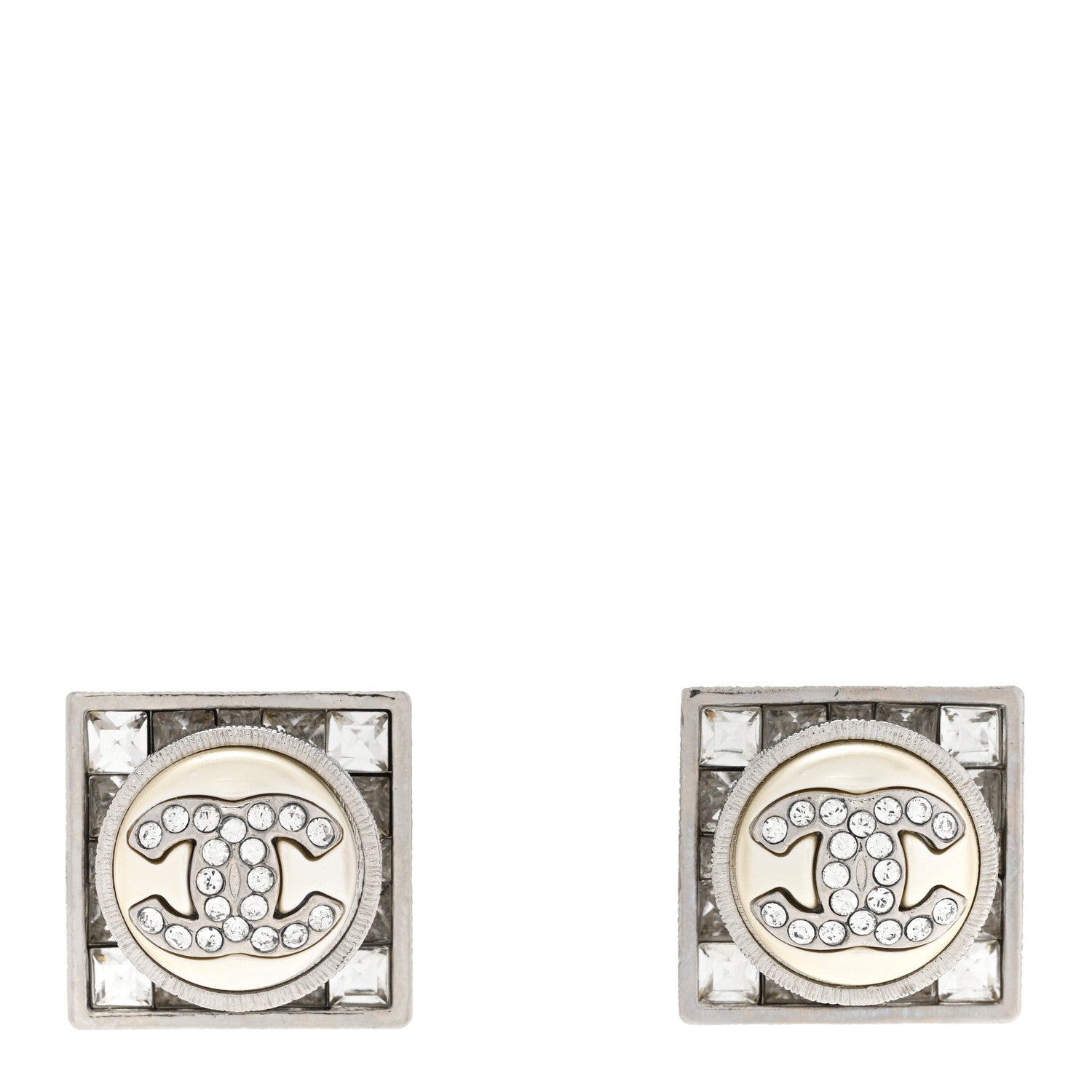 Chanel Pearl Baguette Crystal CC Square Earrings Silver White 1 of 5