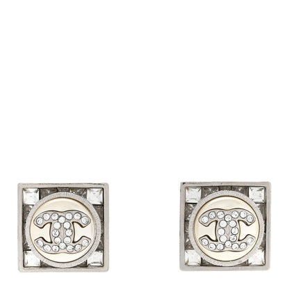 Chanel Pearl Baguette Crystal CC Square Earrings Silver White 1 of 5