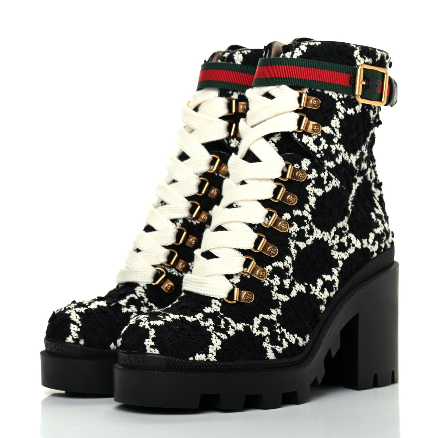 Tweed GG Monogram Lace Up Combat Ankle Boots 37.5 Black