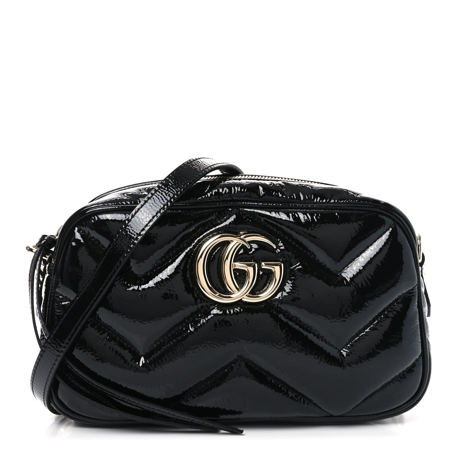 Gucci Patent Lambskin Matelasse Small GG Marmont Camera Bag Black 1 of 10