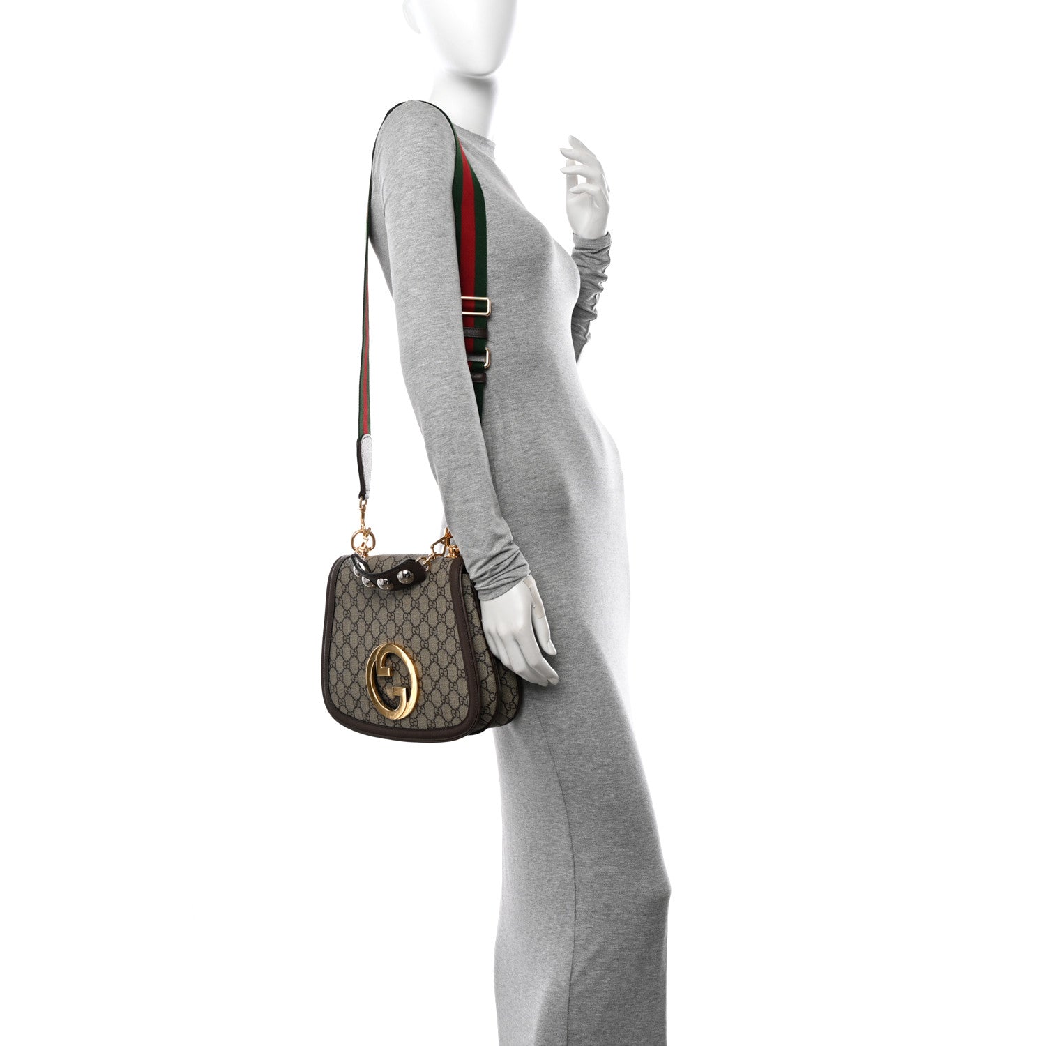 Gucci GG Supreme Monogram Textured Dollar Calfskin Web Medium Blondie Top Handle Shoulder Flap Bag Beige Ebony New Acero 2 of 10