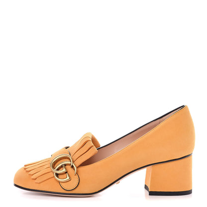 Gucci Kid Scamosciato GG Marmont Fringe 50mm Loafer Pumps 36.5 Crystal Copper 1 of 9