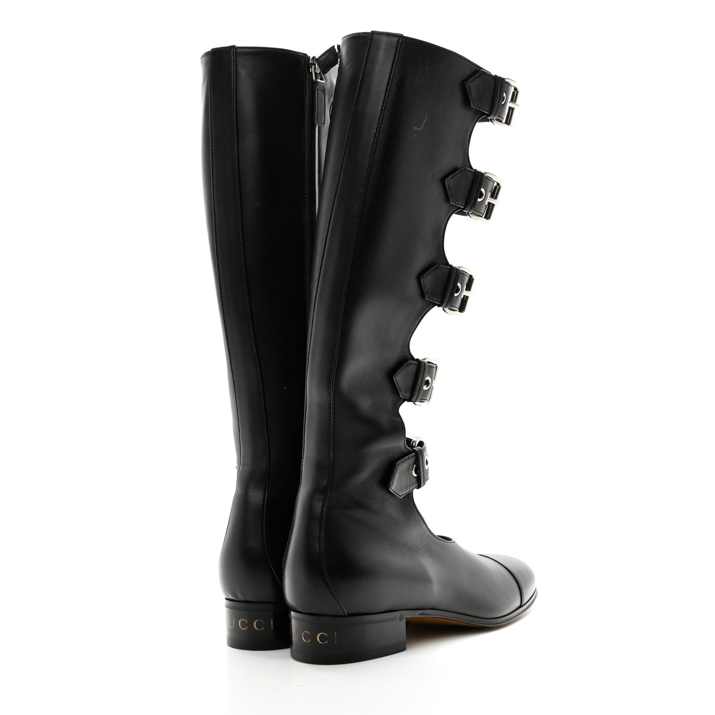 Calfskin Pin Buckle Knee High Boots 37 Black