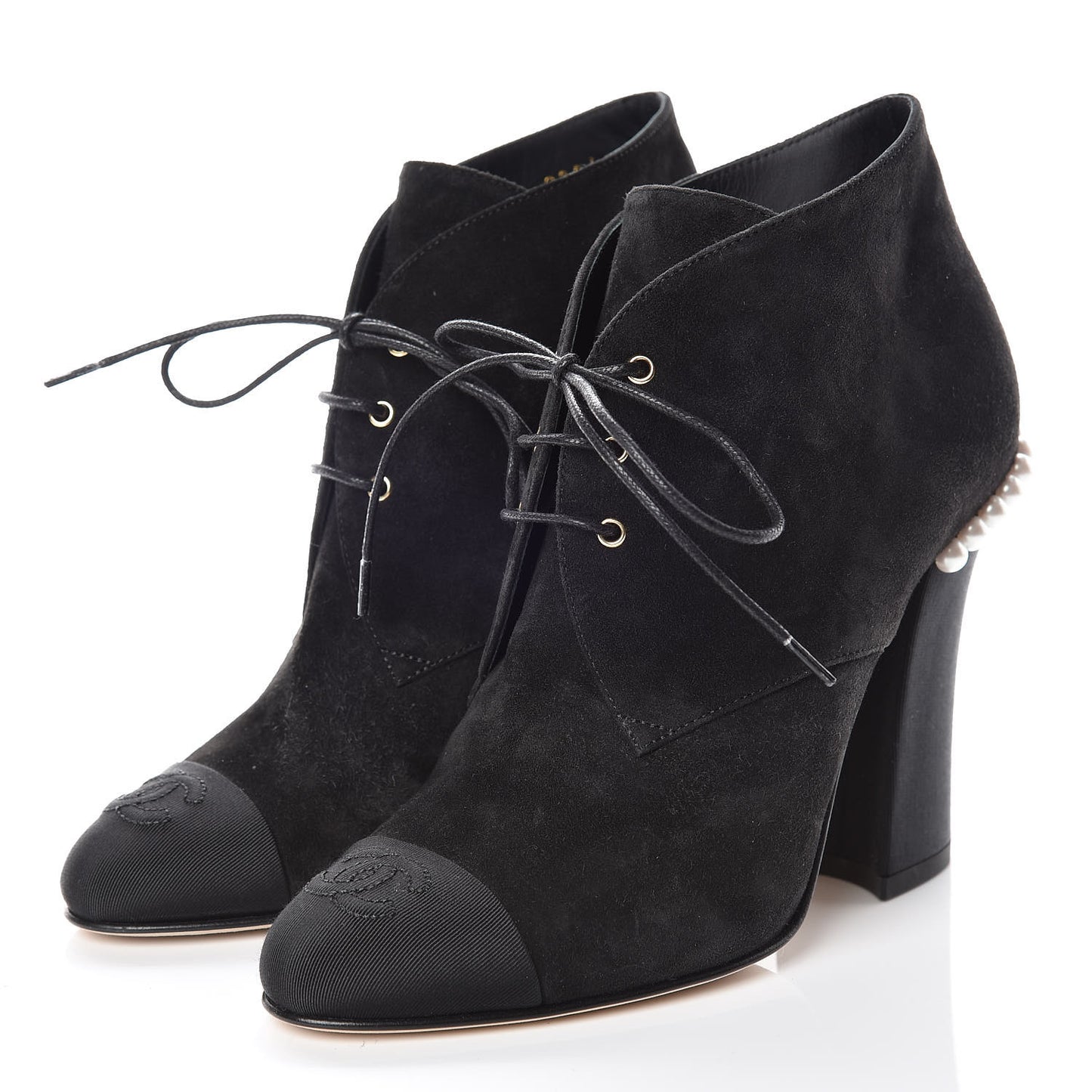 Suede Grosgrain Pearl Lace Up Booties 35.5 Black