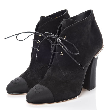 Chanel Suede Grosgrain Pearl Lace Up Booties 35.5 Black 3 of 9