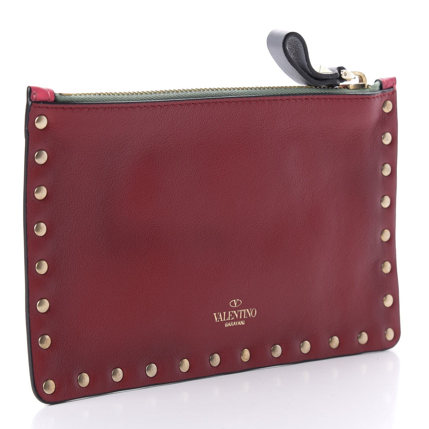 Vitello Italian Pop Small Rockstud Zip Pouch Deep Rose Scarlet