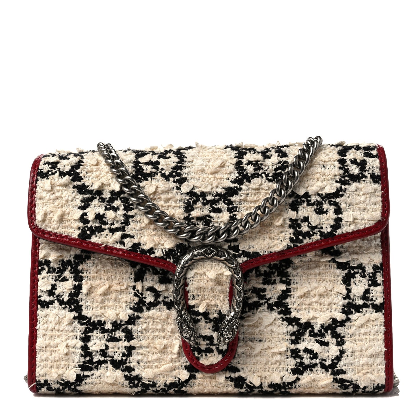 Tweed GG Monogram Mini Dionysus Chain Wallet White Black Romantic Cherry