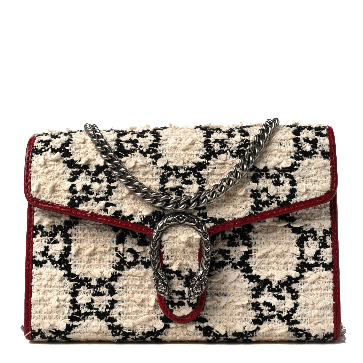 Gucci Tweed GG Monogram Mini Dionysus Chain Wallet White Black Romantic Cherry 1 of 11