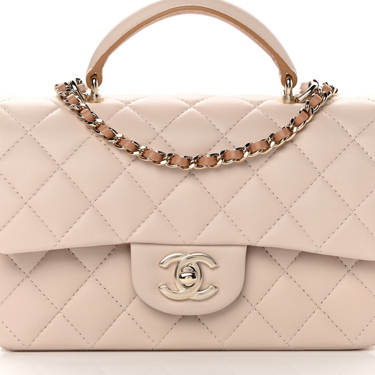 Lambskin Quilted Bi-Color Mini Top Handle Rectangular Flap Ecru Dark Beige