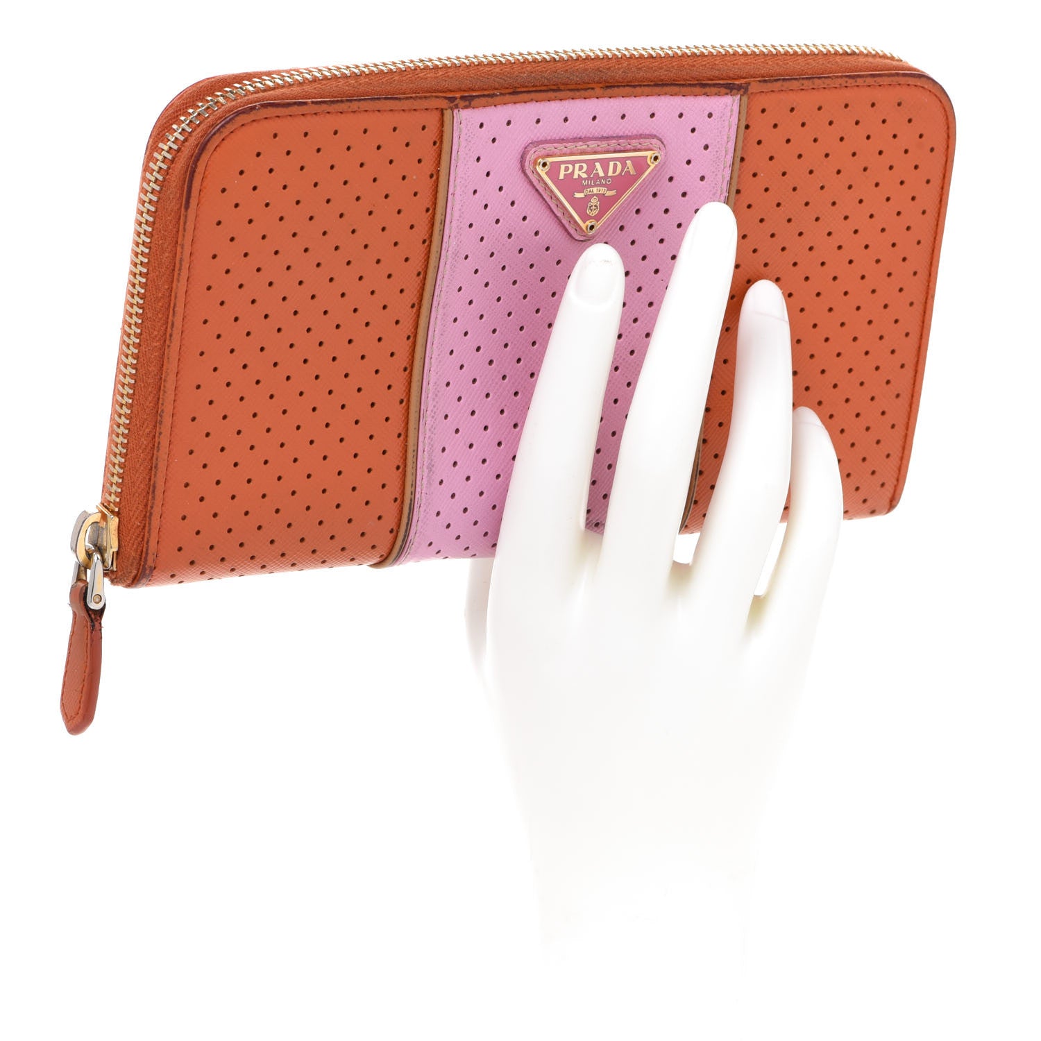 Prada Saffiano Perforated Striped Zip Around Wallet Papaya Caramel 2 of 15