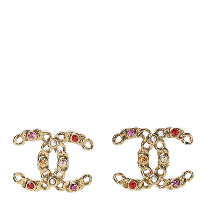 Chanel Pearl Crystal Chain Link CC Earrings Gold Red Pink Yellow 1 of 5