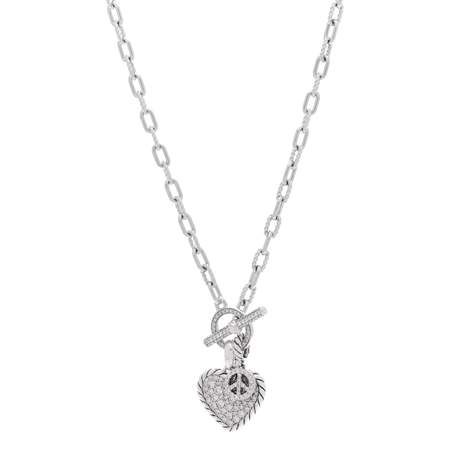 David Yurman Sterling Silver Diamond 3.5mm DY Madison Pave Toggle Chain Micropave Peace Sign Amulet Pave Heart Amulet Necklace 1 of 5