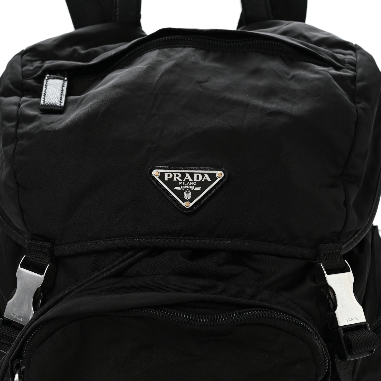 Re-Nylon Saffiano Logo Double Buckle Backpack Black