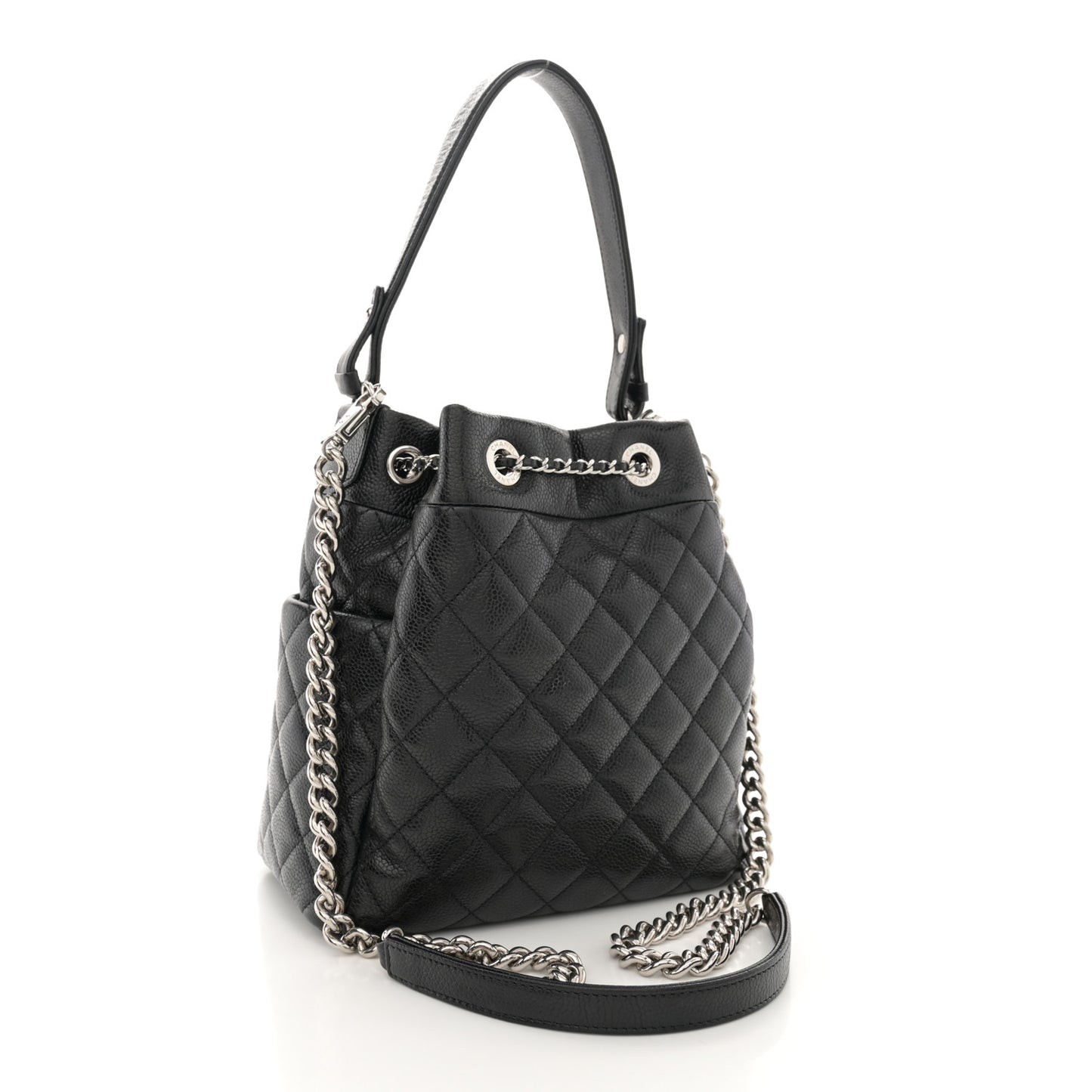 Caviar Flat Quilted CC Chain Bucket Drawstring Bag Black